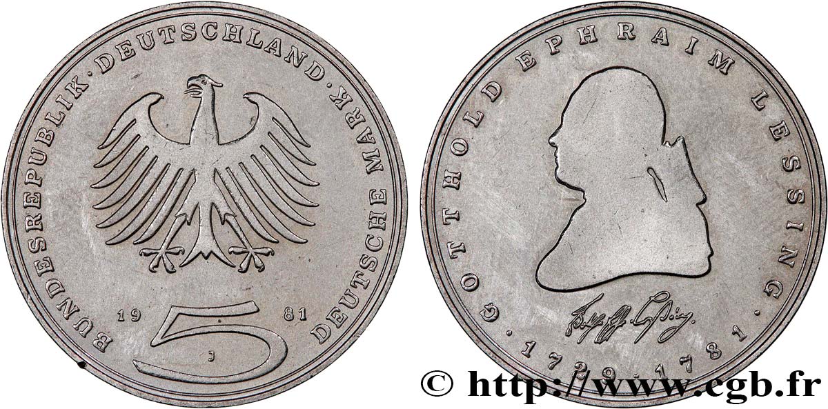 GERMANIA 5 Mark aigle Gotthold Ephraim Lessing 1981 Hambourg - J SPL 