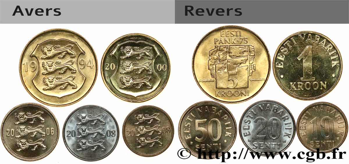 ESTONIE Lot de 5 monnaies  10, 20 & 50 Senti, 1 Kroon, 5 Krooni 1994-2008 Tallinn SPL 