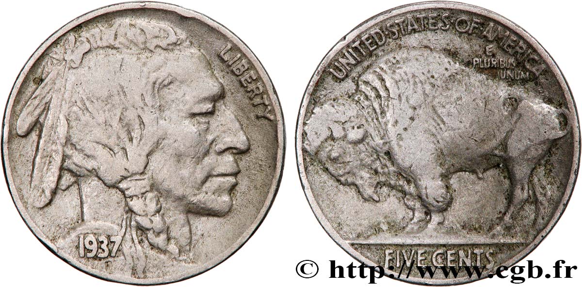 STATI UNITI D AMERICA 5 Cents Tête d’indien ou Buffalo 1937 Philadelphie q.BB 