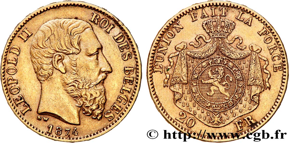 OR, PALLADIUM ET PLATINE INVESTISSEMENT 20 Francs Léopold II 1874 Bruxelles TTB+ 