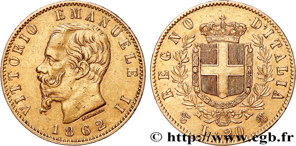 INVESTMENT GOLD 20 Lire Victor Emmanuel II 1862 Turin SS 