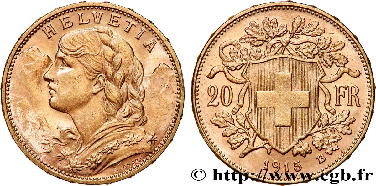 INVESTMENT GOLD 20 Francs  Vreneli   1915 Berne EBC 