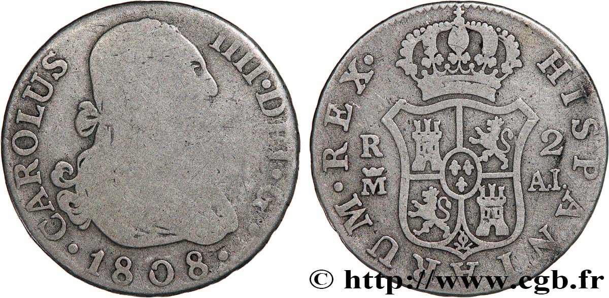 SPAIN 2 Reales Charles IV 1808 Madrid VF/VF 