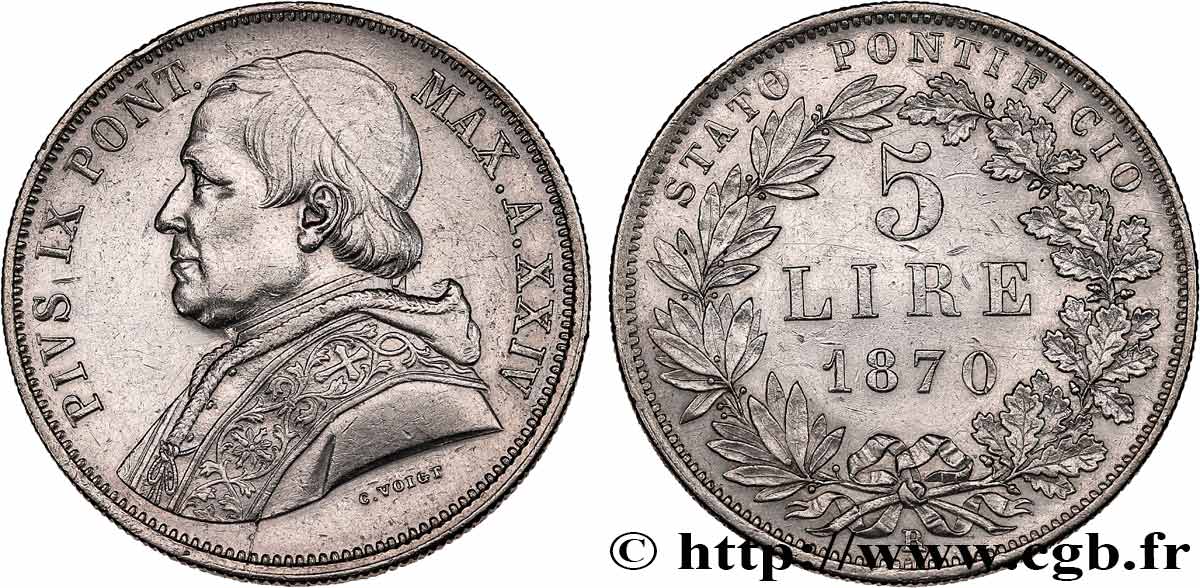 VATICAN ET ÉTATS PONTIFICAUX 5 Lire Pie IX an XXIV 1870 Rome TTB+ 