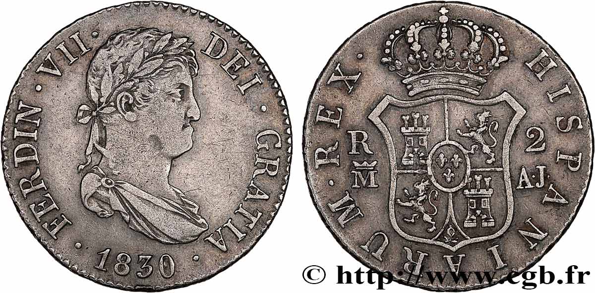 ESPAGNE 2 Reales Ferdinand VII 1830 Madrid TTB 