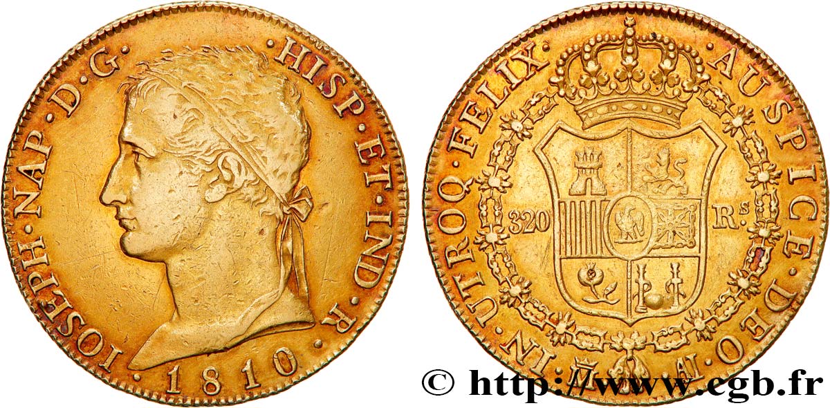 SPAIN - KINGDOM OF SPAIN - JOSEPH NAPOLEON 320 reales en or 1810 Madrid XF/AU 