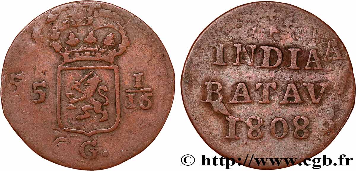 INDIE OLANDESI 5 1/16 Gulden (1 Duit), double frappe 1808 Enkhuizen BB 