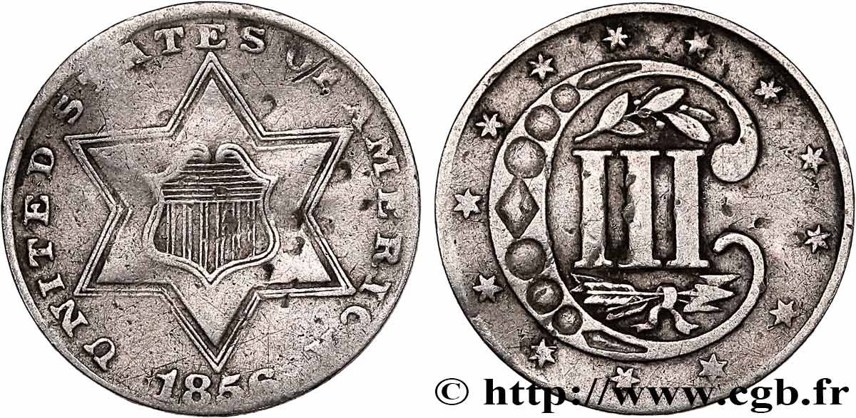 STATI UNITI D AMERICA 3 Cents 1856 Philadelphie q.BB 
