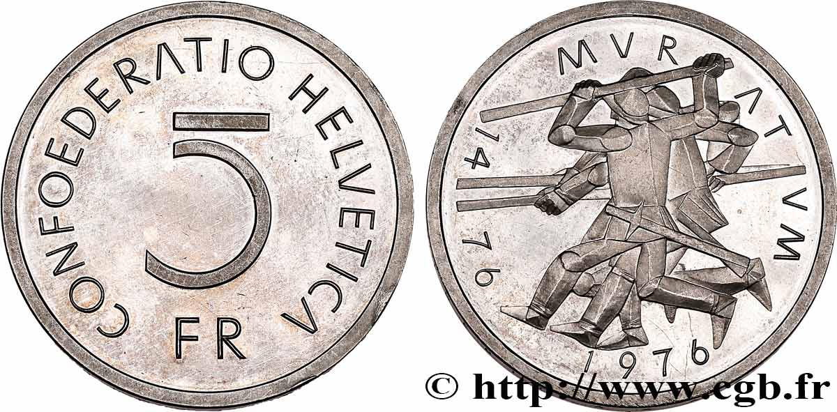 SUIZA 5 Francs Proof 500e anniversaire de la bataille de Murten 1976 Berne SC 