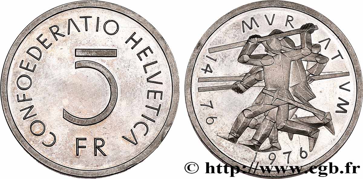 SUISSE 5 Francs Proof 500e anniversaire de la bataille de Murten 1976 Berne SPL 