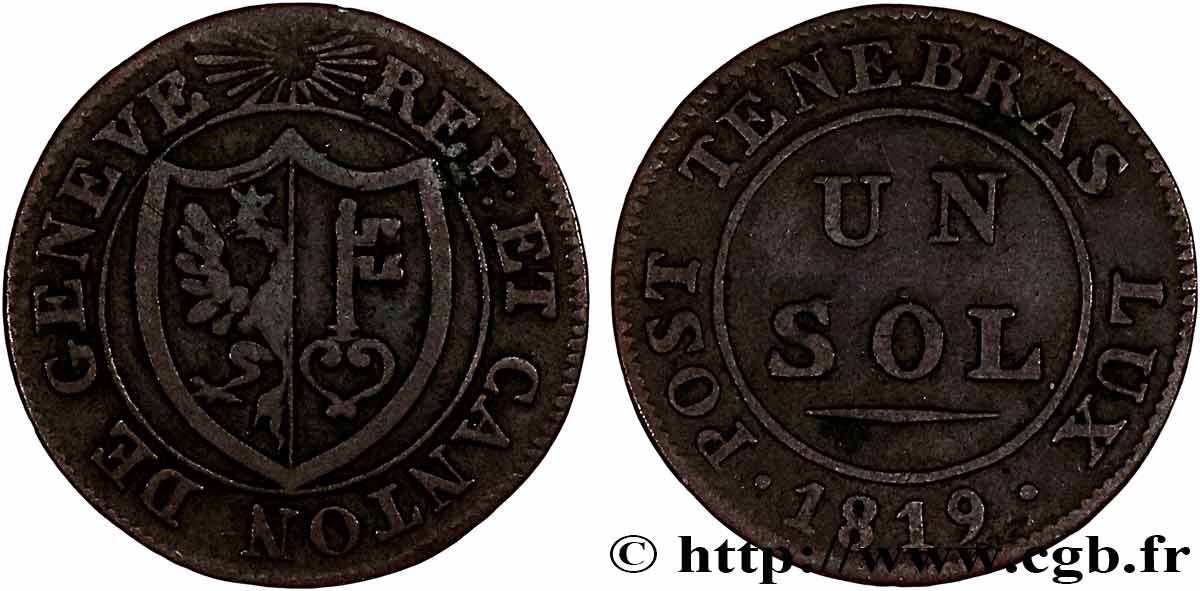 SUISSE - RÉPUBLIQUE DE GENÈVE 1 Sol 1819  TTB 