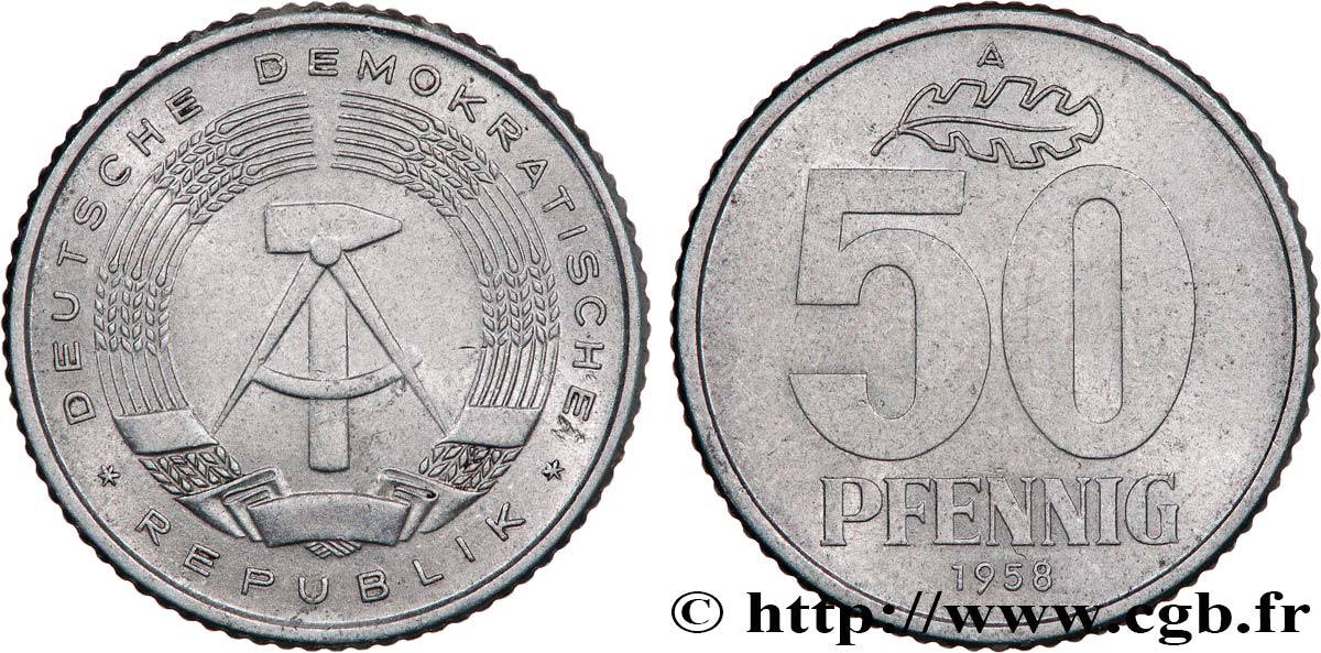 GERMAN DEMOCRATIC REPUBLIC 50 Pfennig emblème de la RDA 1958 Berlin AU 