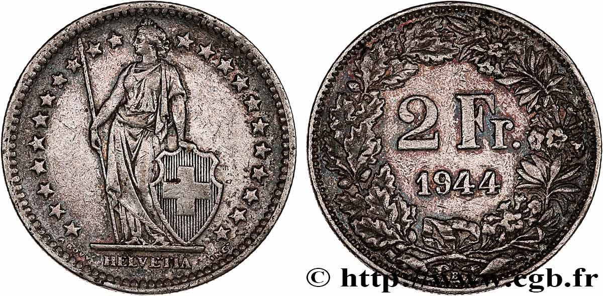 SWITZERLAND 2 Francs Helvetia 1944 Berne XF 