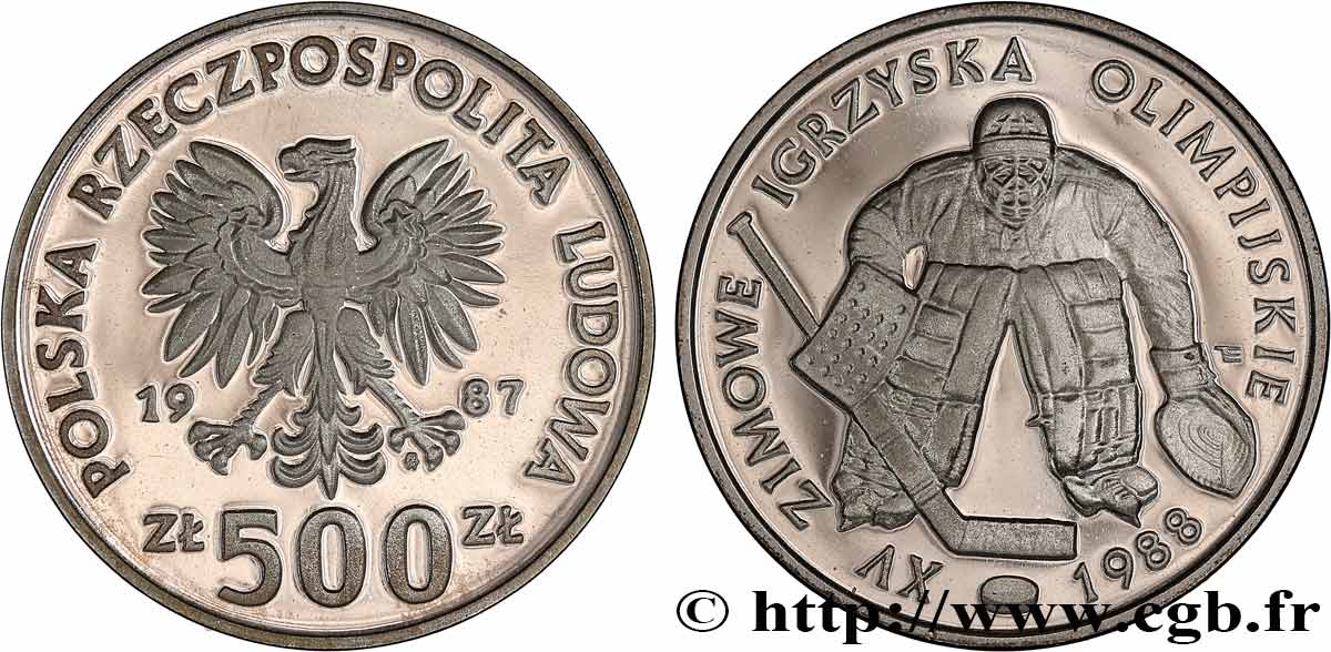 POLONIA 500 Zlotych Proof XVe Jeux Olympiques d’hiver - hockey sur glace 1987 Varsovie MS 