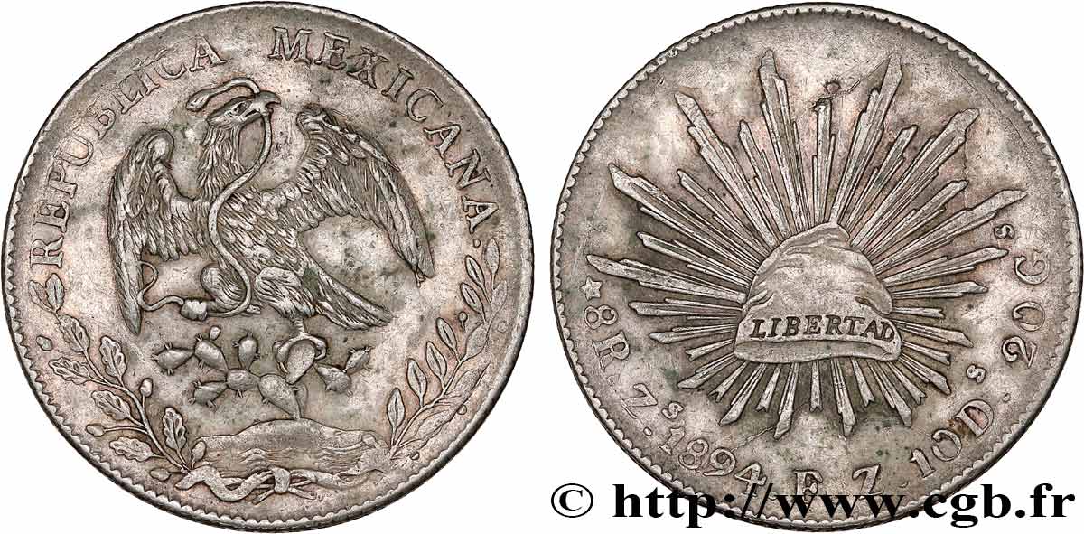 MESSICO 8 Reales Aigle / bonnet phrygien sur soleil avec contremarques 1894 Zacatecas Zs BB 
