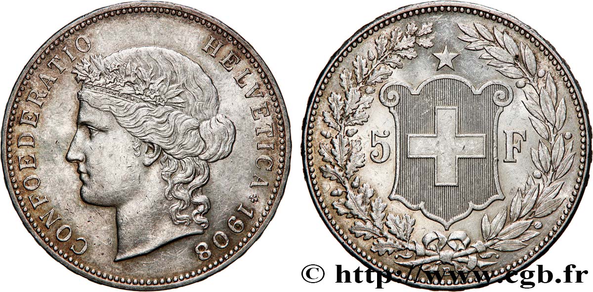 SWITZERLAND 5 Francs Helvetia 1908 Berne AU 
