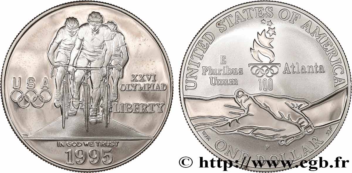 ESTADOS UNIDOS DE AMÉRICA 1 Dollar Proof Jeux Olympiques d’Atlanta 1996, cyclisme 1995 Philadelphie - P FDC 