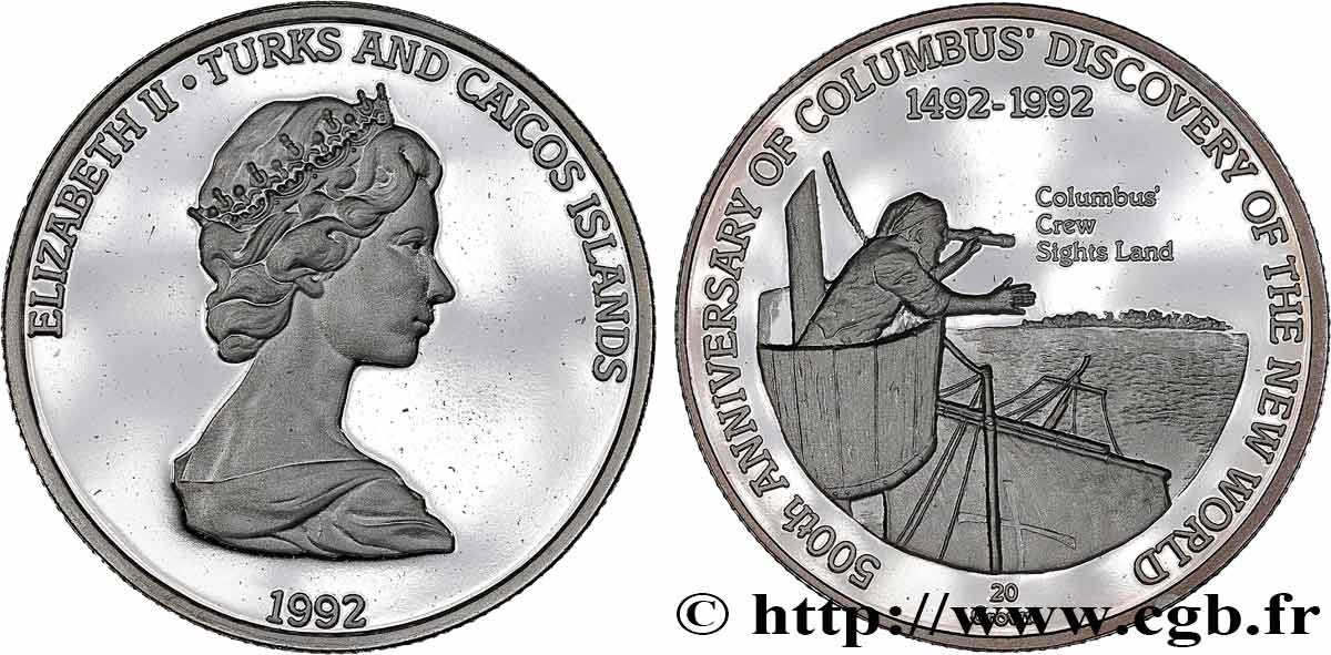 TURK AND CAICOS ISLANDS 20 Crown Proof Découverte de l’Amérique par Christophe Colomb 1992  MS 