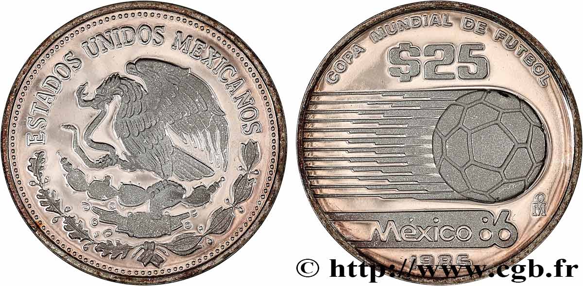 MÉXICO 25 Pesos Proof coupe du Monde de football 1986 1985  SC 