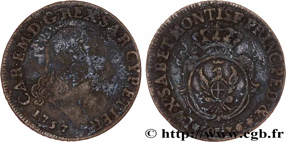 DUCHY OF SAVOY - CHARLES-EMMANUEL III 7 sols de demi (soldi 7.6) 1757 Turin fS 