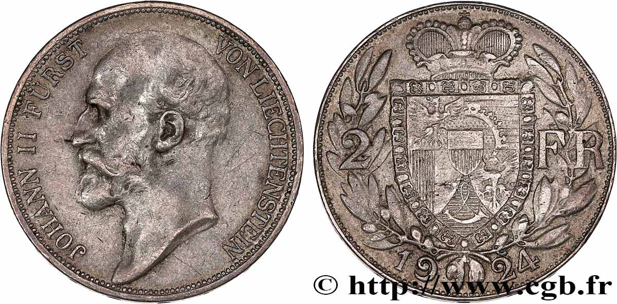 LIECHTENSTEIN 2 Franken Jean II 1924 Berne TB+ 