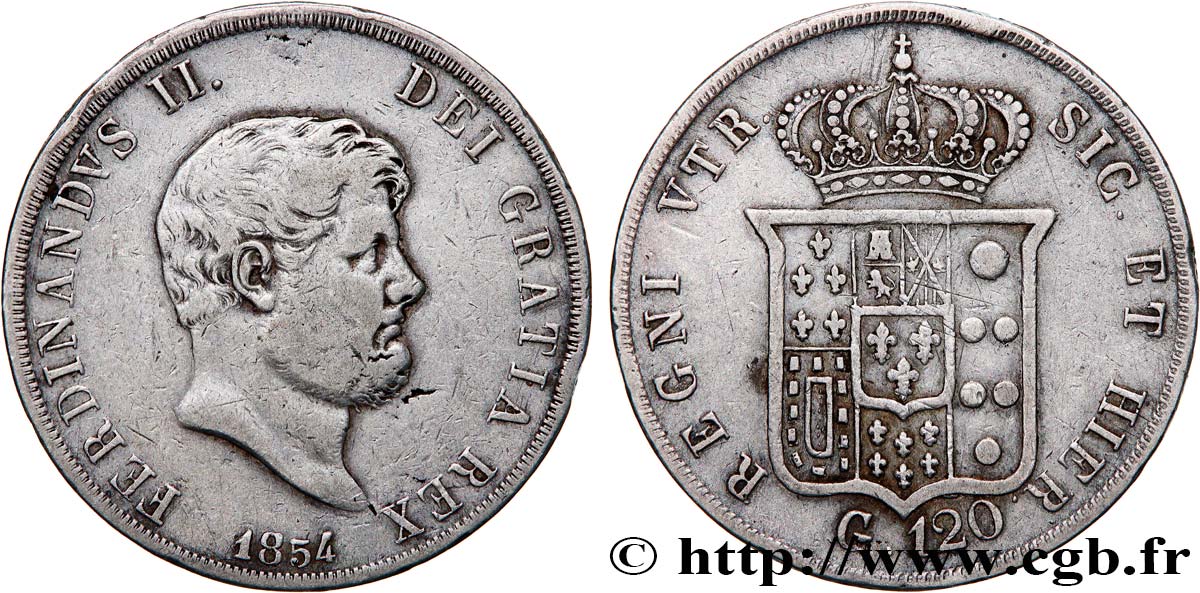 ITALIE - ROYAUME DES DEUX-SICILES - FERDINAND II 120 Grana  1854 Naples TB+/TTB 