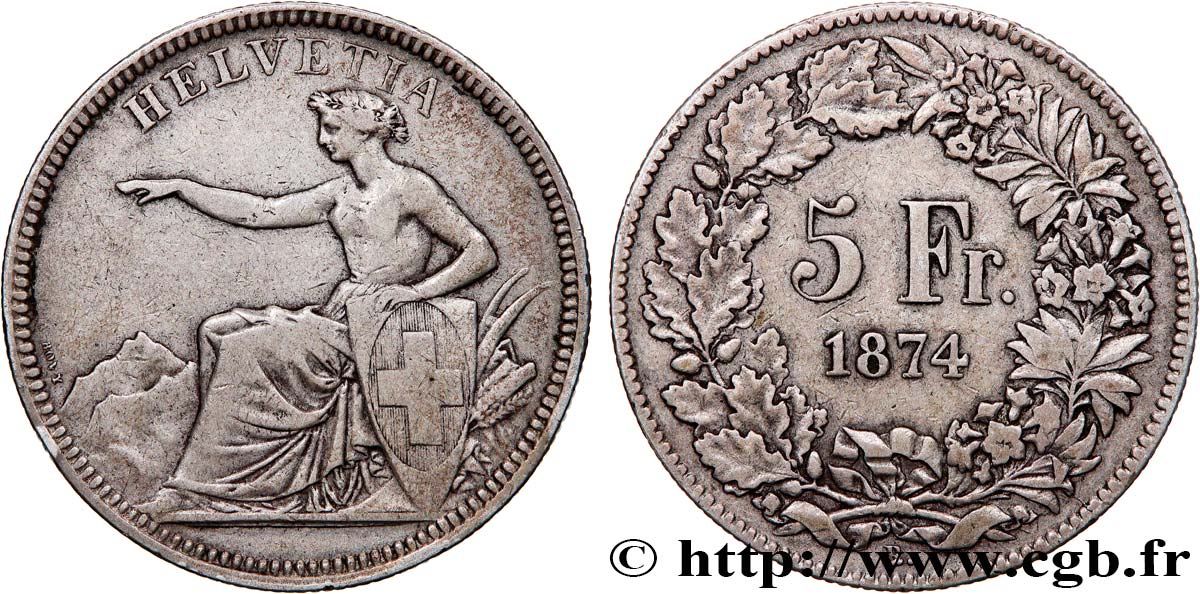 SUISSE 5 Francs Helvetia assise 1874 Bruxelles TB+ 