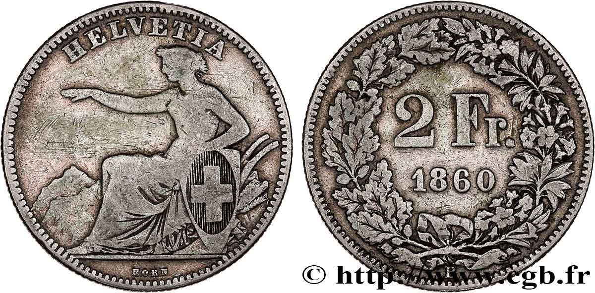 SWITZERLAND 2 Francs Helvetia 1860 Berne VF 