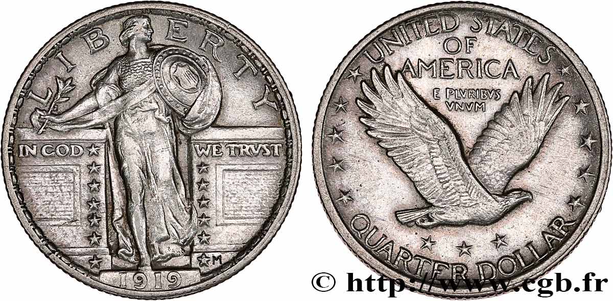 ÉTATS-UNIS D AMÉRIQUE 1/4 Dollar Liberté debout 1919 Philadelphie BB 