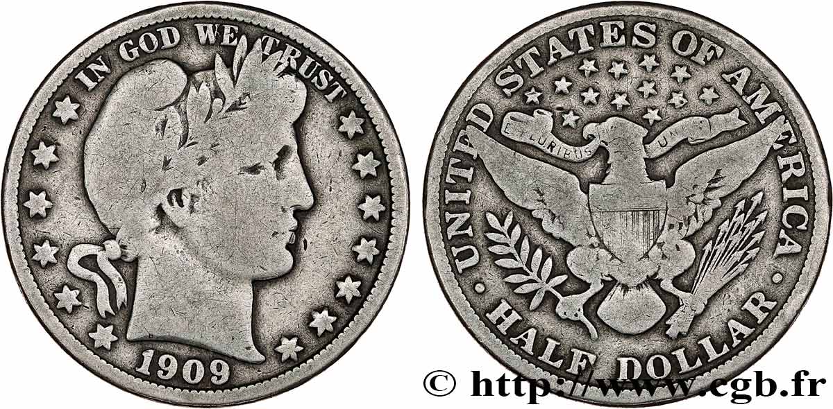 UNITED STATES OF AMERICA 1/2 Dollar Barber 1909 Philadelphie VF 