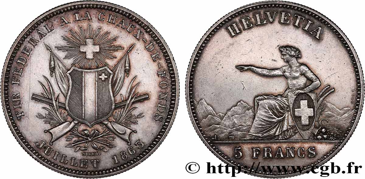 SVIZZERA  5 Francs Tir fédéral de la Chaux-de-Fond 1863  q.SPL 