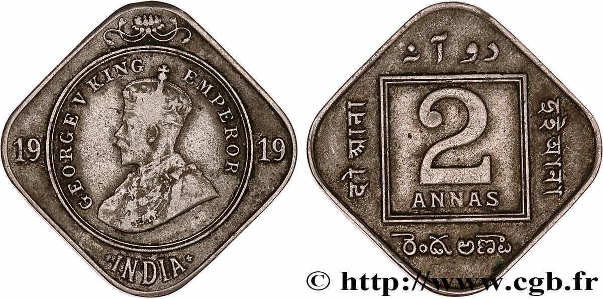 BRITISH INDIA 2 Annas Georges V 1919 Calcutta XF 