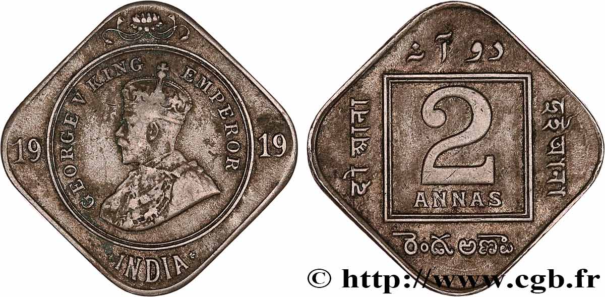 BRITISH INDIA 2 Annas Georges V 1919 Calcutta XF 