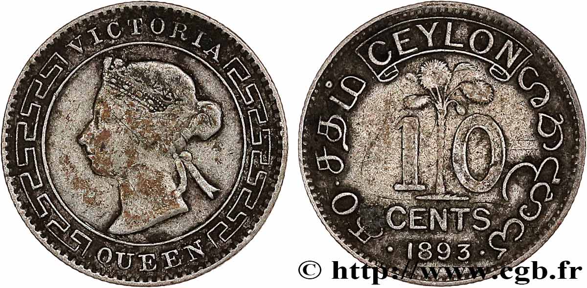 CEYLON 10 Cents Victoria 1893  VF 