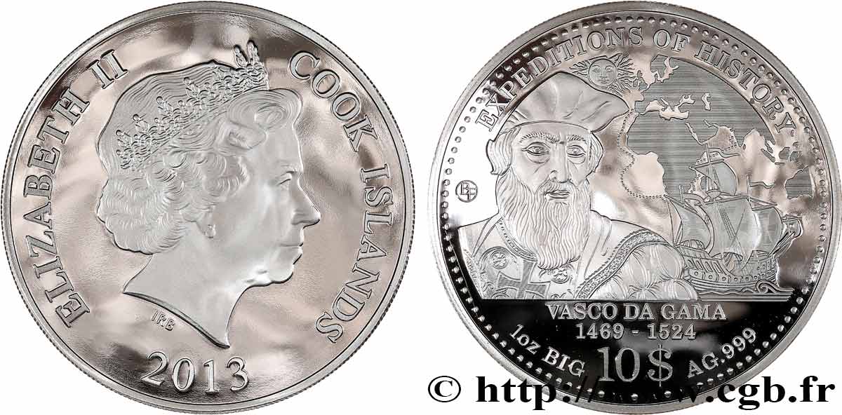 COOK ISLANDS 10 Dollars Proof Vasco de Gama 2013  MS 