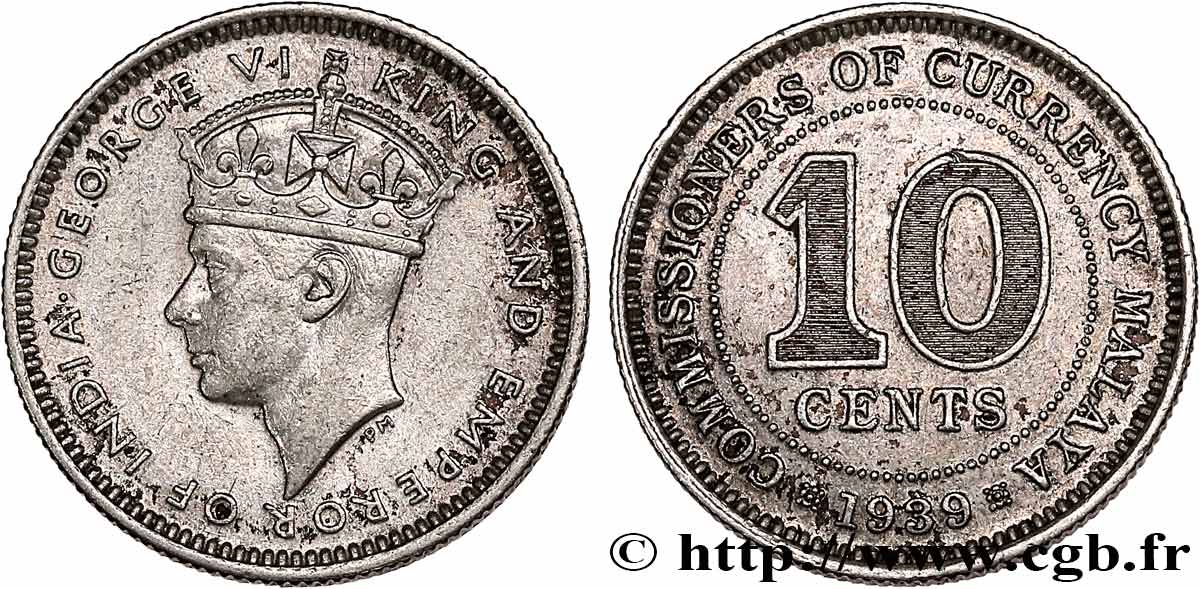 MALAISIE 10 Cents Georges VI 1939  TTB+ 