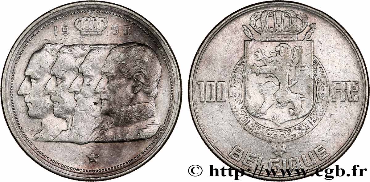 BELGIQUE 100 Francs portraits des quatre rois de Belgique, légende française 1950  TTB 