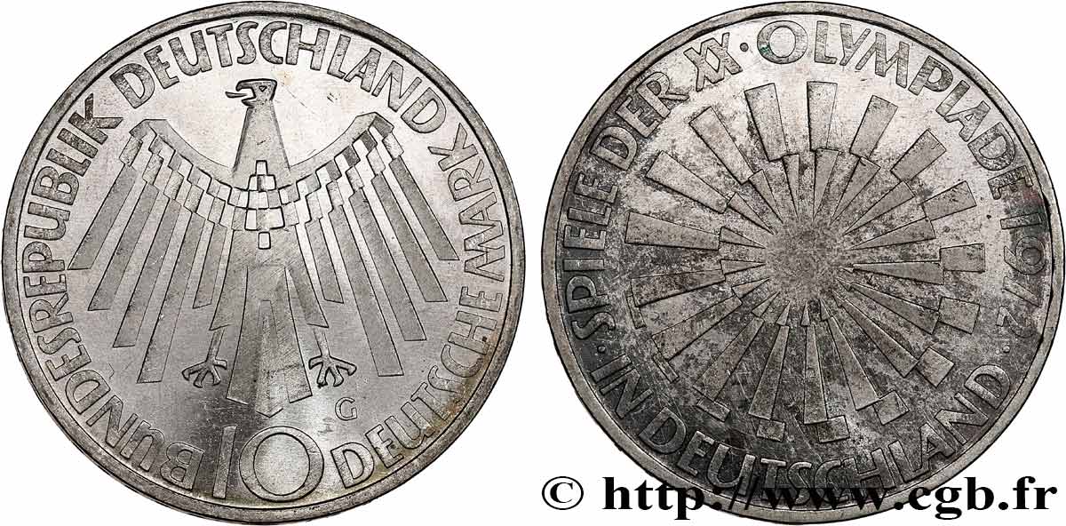GERMANIA 10 Mark XXe J.O. Munich “IN DEUTSCHLAND” 1972 Karlsruhe MS 