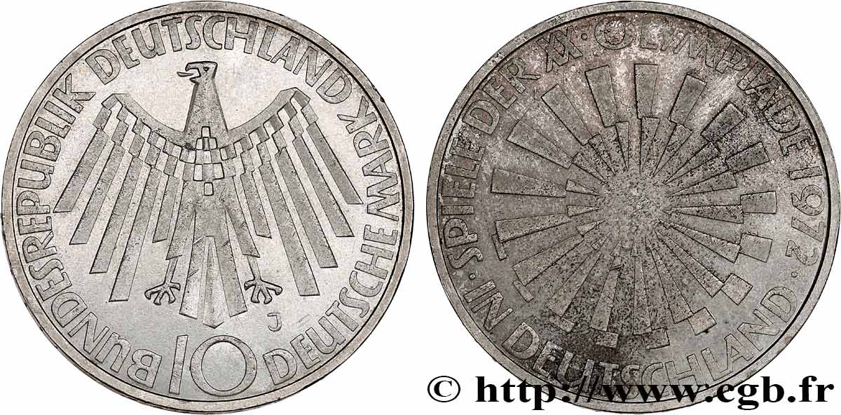 ALLEMAGNE 10 Mark XXe J.O. Munich / aigle type “IN DEUTSCHLAND” 1972 Hambourg SUP 