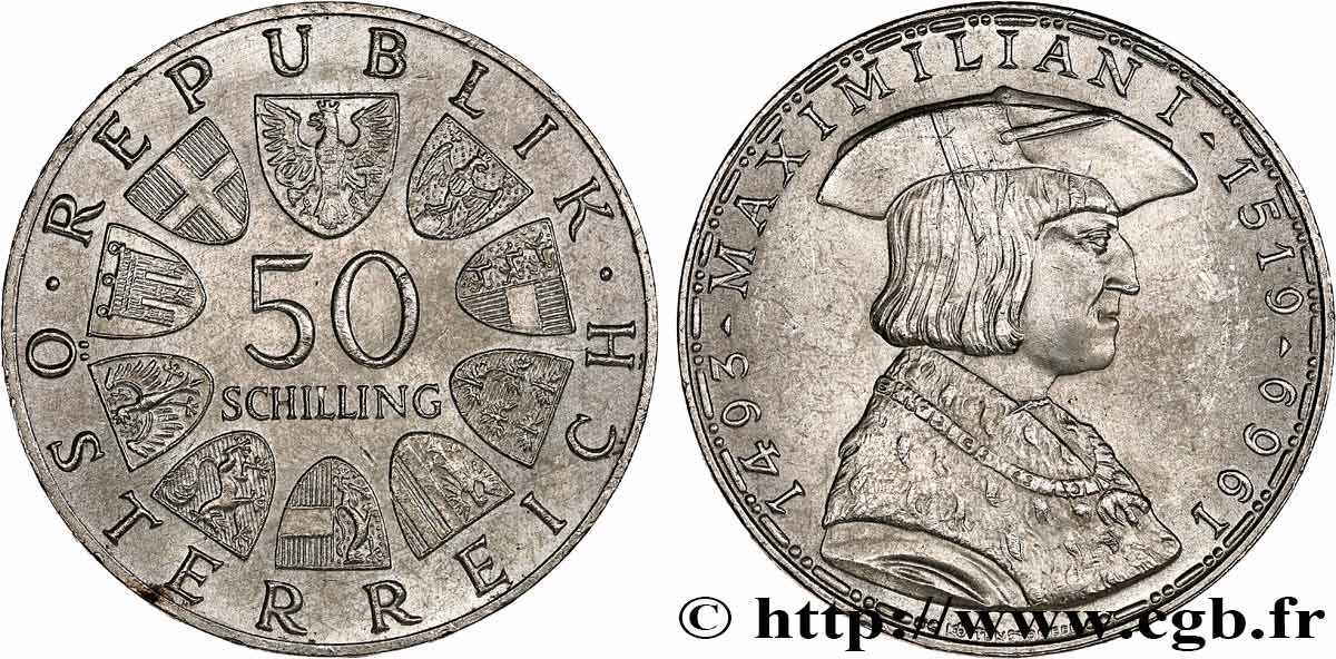 AUTRICHE 50 Schilling 450e anniversaire de la mort de Maximilien Ier 1969  SUP 