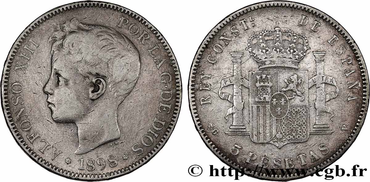 ESPAGNE 5 Pesetas Alphonse XIII 3e type 1898 Madrid TB+ 