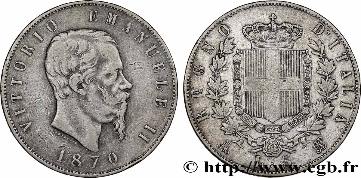 ITALIE 5 Lire Victor Emmanuel II 1870 Milan TB+ 