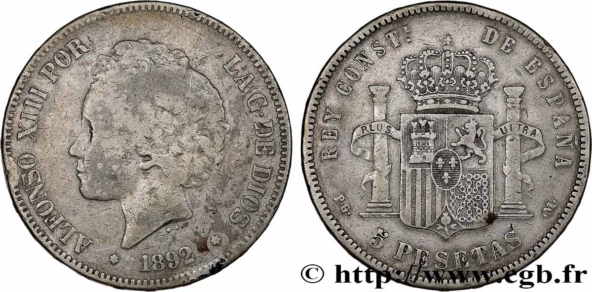 ESPAÑA 5 Pesetas Alphonse XIII 2e type 1892 Madrid BC+ 