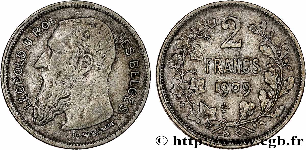 BELGIQUE - ROYAUME DE BELGIQUE - LÉOPOLD II 2 Francs légende française 1909  VF 
