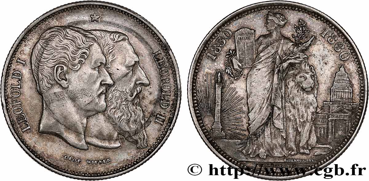 BELGIQUE 5 Francs, Cinquantenaire du Royaume (1830-1880) 1880 Bruxelles TTB+ 