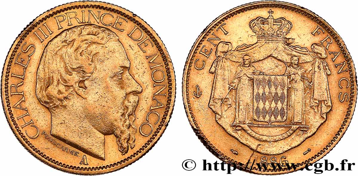 MONACO - PRINCIPAUTÉ DE MONACO - CHARLES III 100 Francs or  1886 Paris TTB 