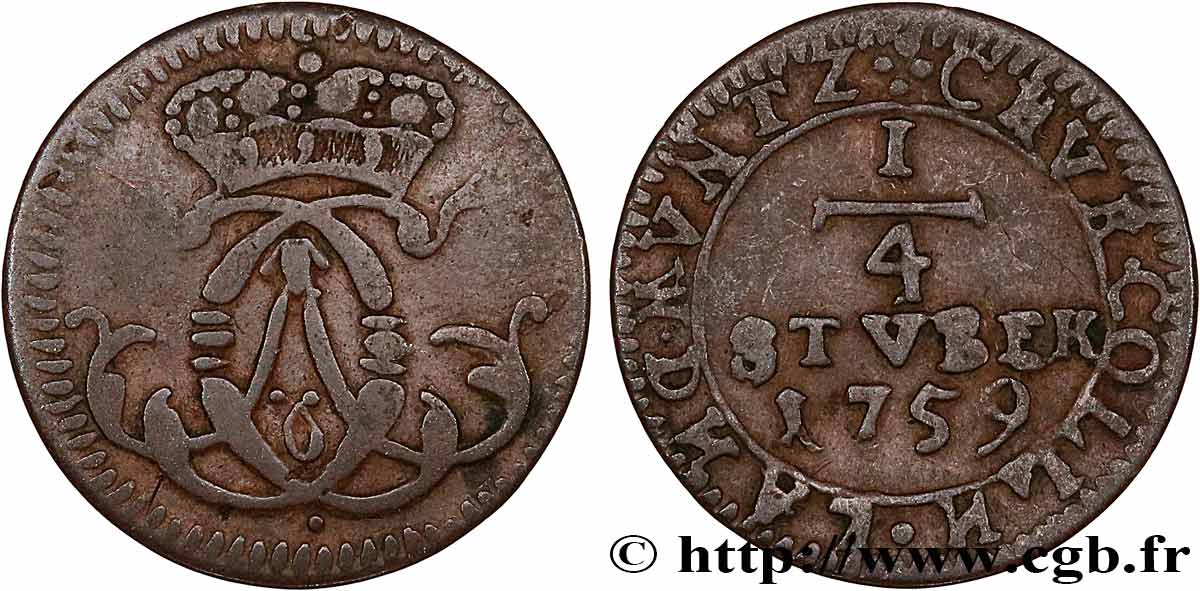 ALLEMAGNE - COLOGNE 1/4 Stuber Clément-Auguste de Bavière 1759  TB 