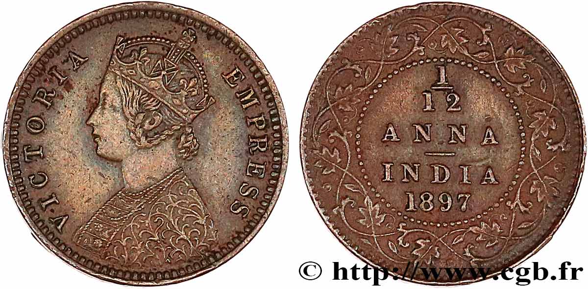 BRITISH INDIA 1/12 Anna Victoria 1897 Calcutta AU 