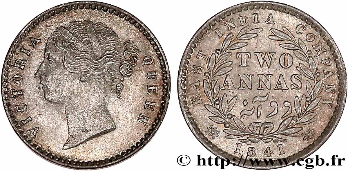 INDES BRITANNIQUES 2 Annas East India Company Victoria 1841 Bombay TTB 