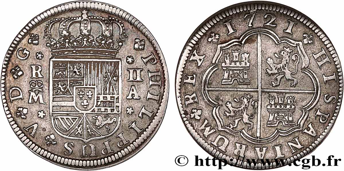 ESPAÑA - REINO DE ESPAÑA -FELIPE V DE BORBÓN 2 Reales  1721 Madrid MBC 
